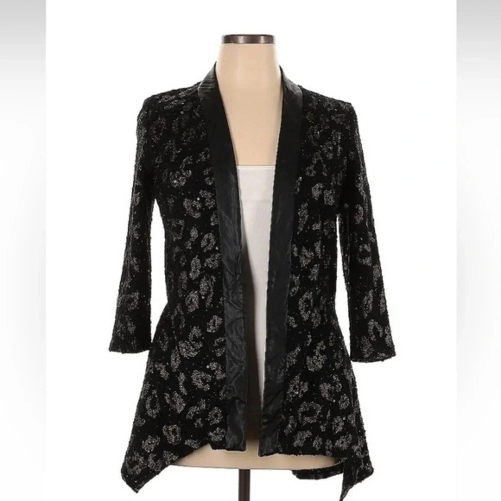 Frank Lyman Black Metallic Leopard Print Open Front Blazer Women’s Size 14